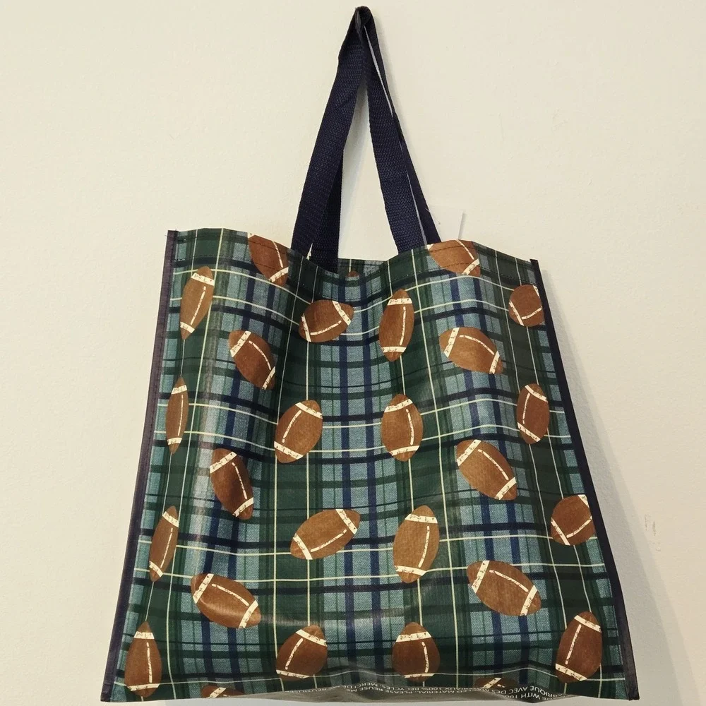 Football Sports Fall Ball Plaid Reusable Blue Green Gift Tote Bag Homegoods